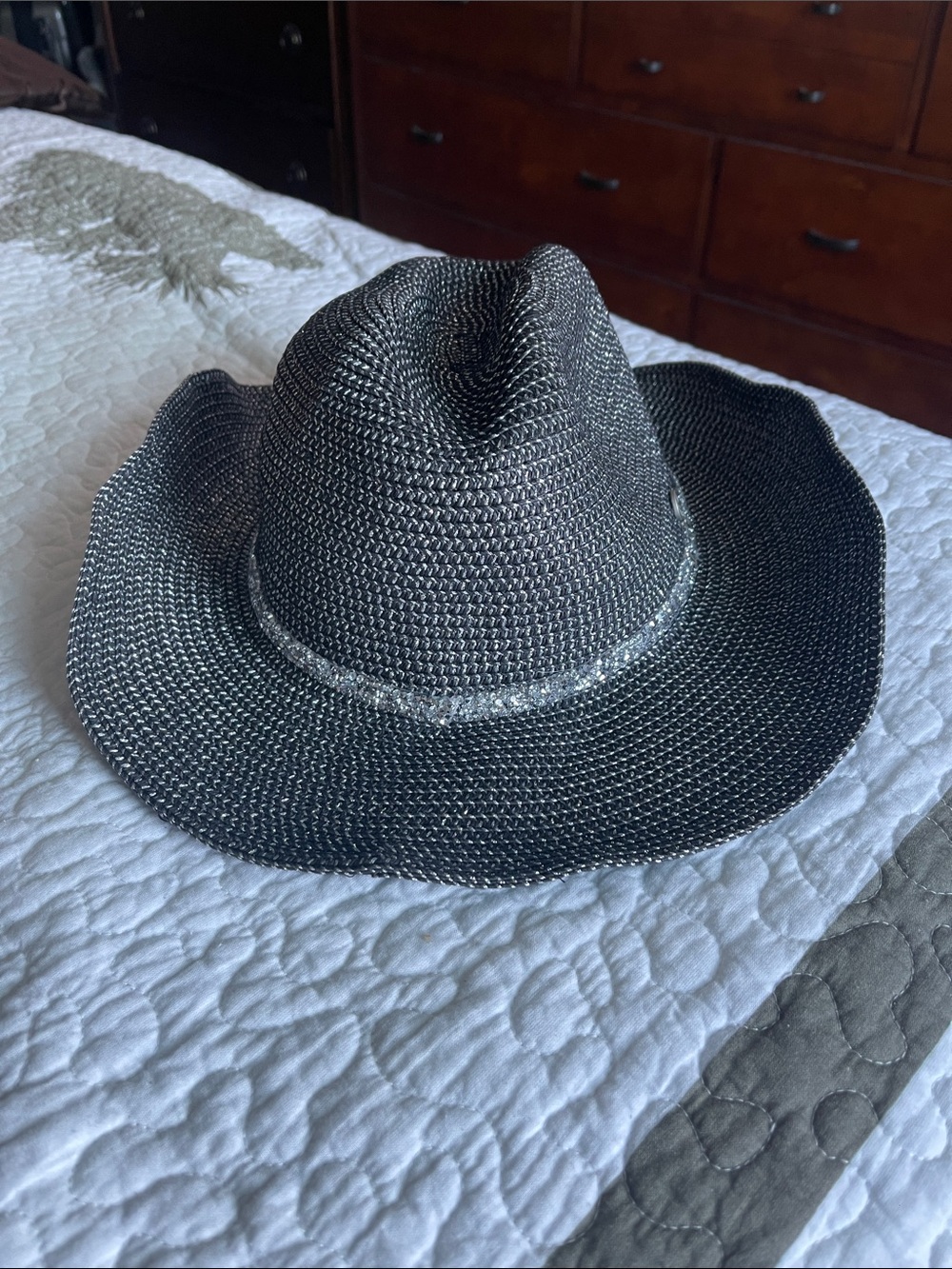 Woven Straw Cowboy Hat - Black & Silver